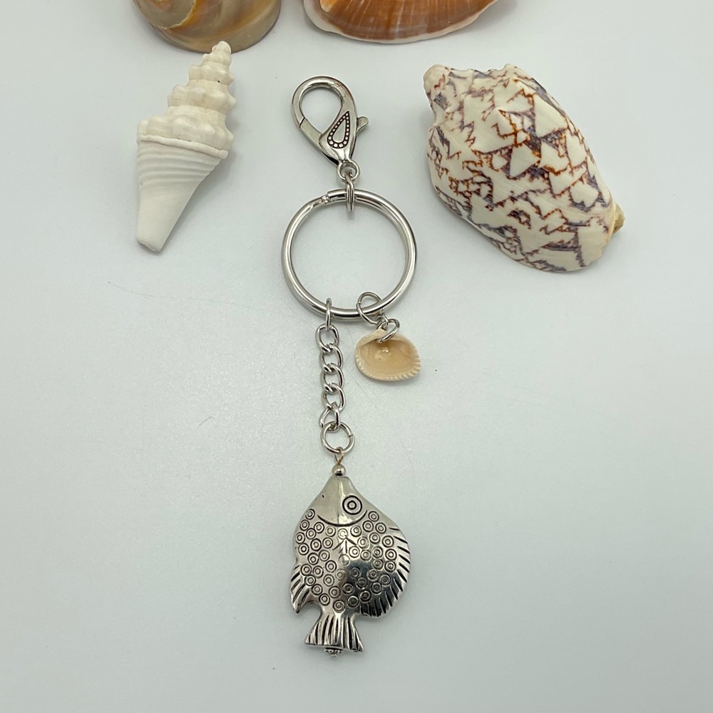 Silver Fish Keychain with Sea Shell Charm, Purse Charm, Key Ring, Fish #1 - Picture 3 of 6